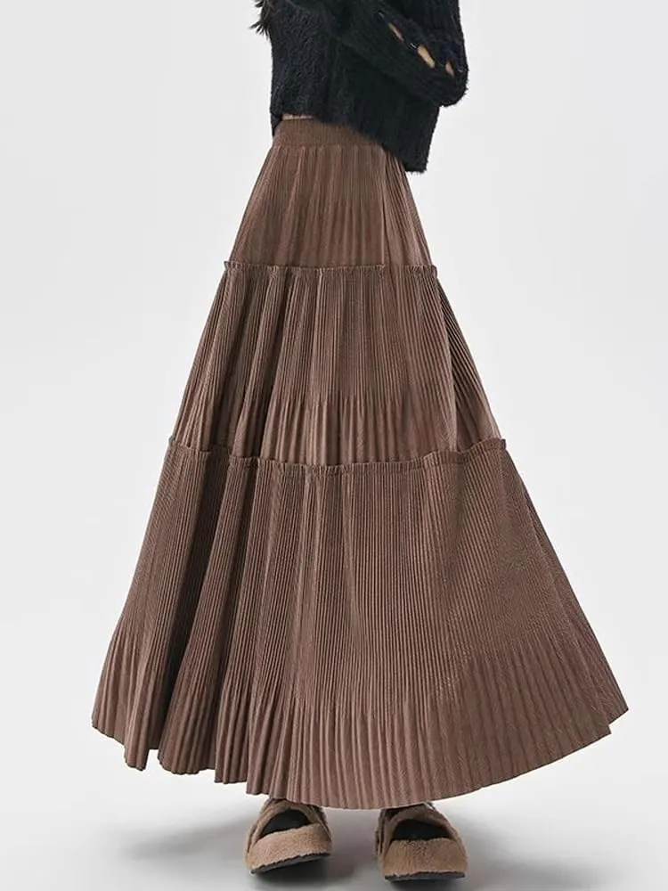 Black Thickened Pleated Skirt for Women Autumn and Winter Waist Slimming Corduroy Large Long