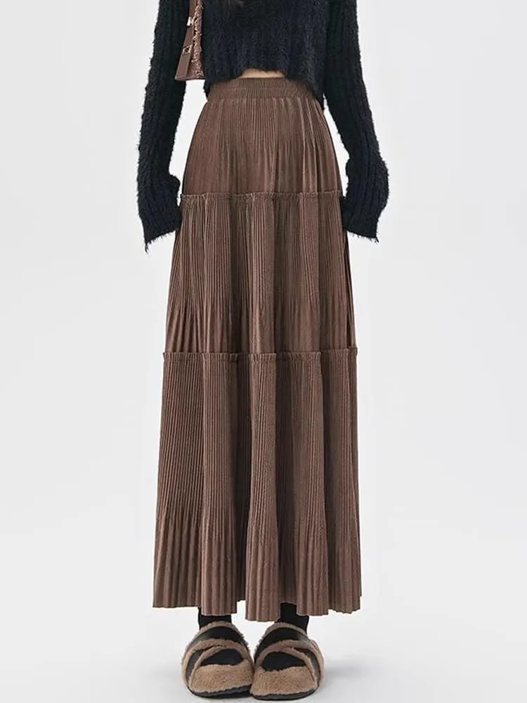 Black Thickened Pleated Skirt for Women Autumn and Winter Waist Slimming Corduroy Large Long