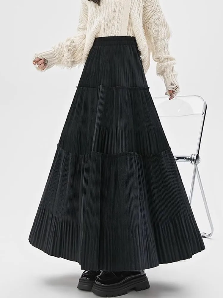 Black Thickened Pleated Skirt for Women Autumn and Winter Waist Slimming Corduroy Large Long