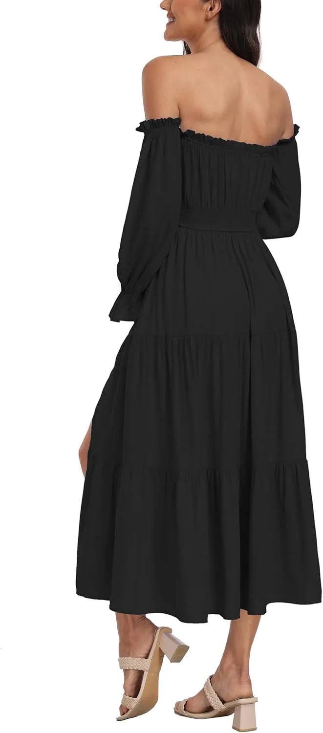 Boho Off Shoulder Maternity Dresses, Long Sleeve Side Split Flowy A Line Tiered Maxi Dress for Baby Shower Photoshoot
