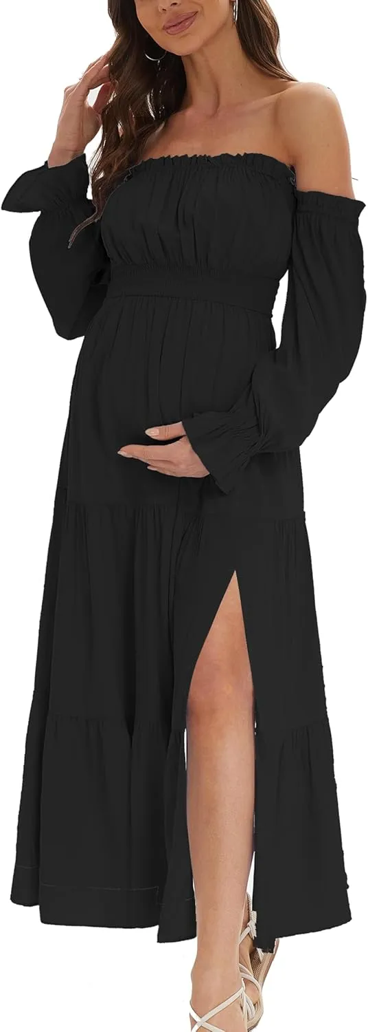 Boho Off Shoulder Maternity Dresses, Long Sleeve Side Split Flowy A Line Tiered Maxi Dress for Baby Shower Photoshoot