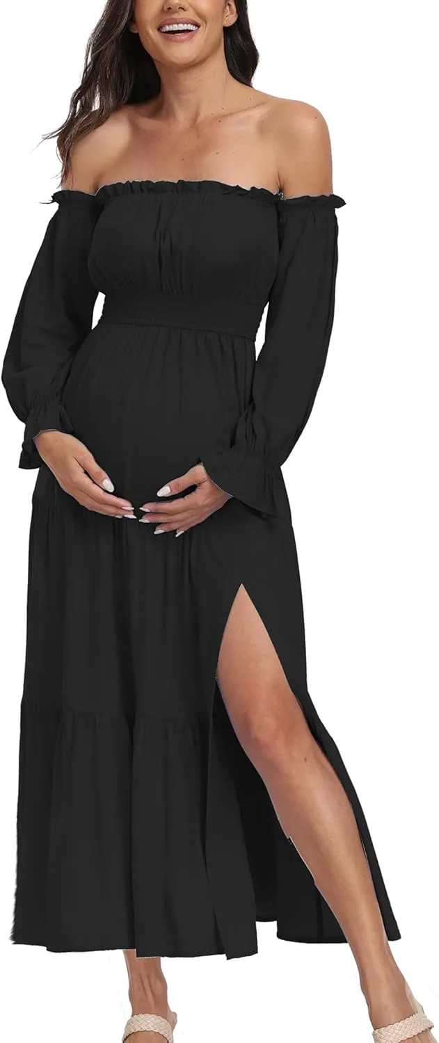 Boho Off Shoulder Maternity Dresses, Long Sleeve Side Split Flowy A Line Tiered Maxi Dress for Baby Shower Photoshoot