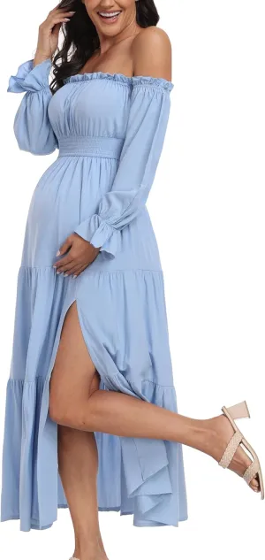 Boho Off Shoulder Maternity Dresses, Long Sleeve Side Split Flowy A Line Tiered Maxi Dress for Baby Shower Photoshoot