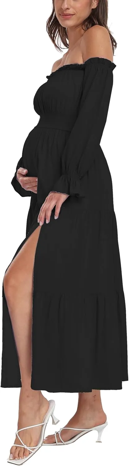 Boho Off Shoulder Maternity Dresses, Long Sleeve Side Split Flowy A Line Tiered Maxi Dress for Baby Shower Photoshoot