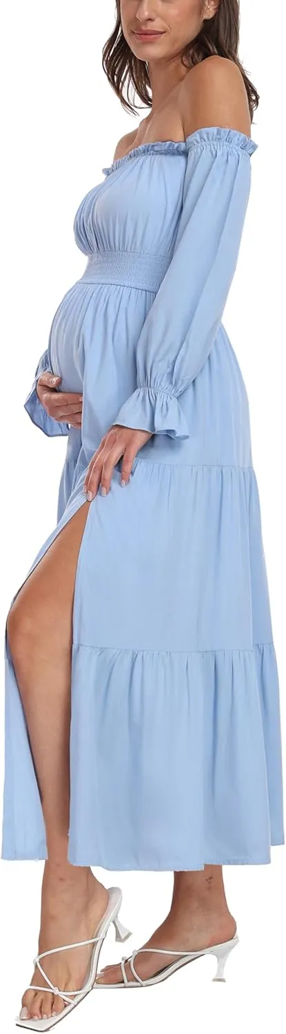 Boho Off Shoulder Maternity Dresses, Long Sleeve Side Split Flowy A Line Tiered Maxi Dress for Baby Shower Photoshoot