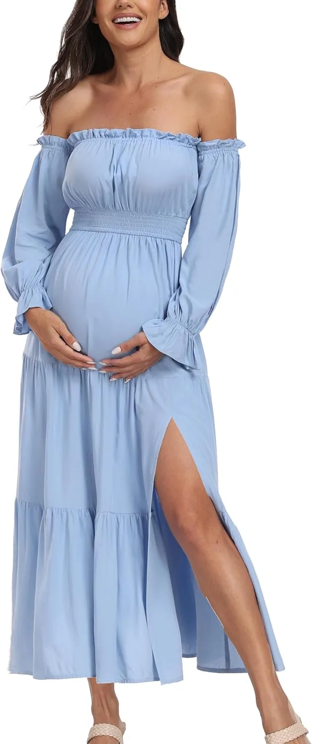 Boho Off Shoulder Maternity Dresses, Long Sleeve Side Split Flowy A Line Tiered Maxi Dress for Baby Shower Photoshoot