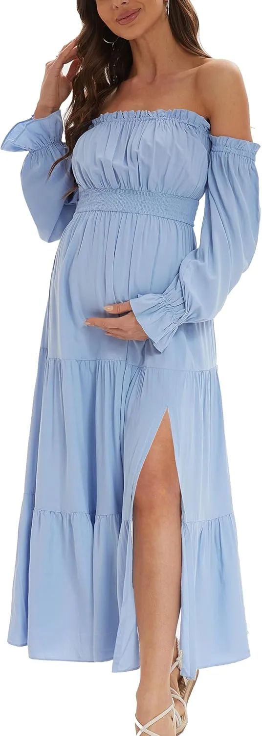 Boho Off Shoulder Maternity Dresses, Long Sleeve Side Split Flowy A Line Tiered Maxi Dress for Baby Shower Photoshoot