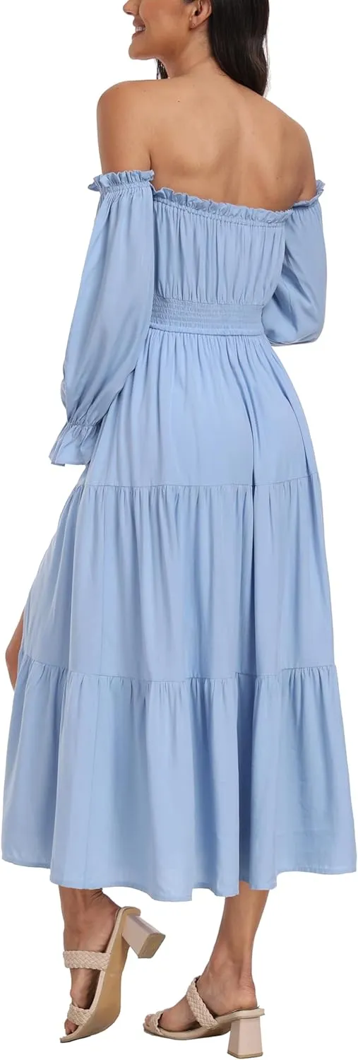 Boho Off Shoulder Maternity Dresses, Long Sleeve Side Split Flowy A Line Tiered Maxi Dress for Baby Shower Photoshoot