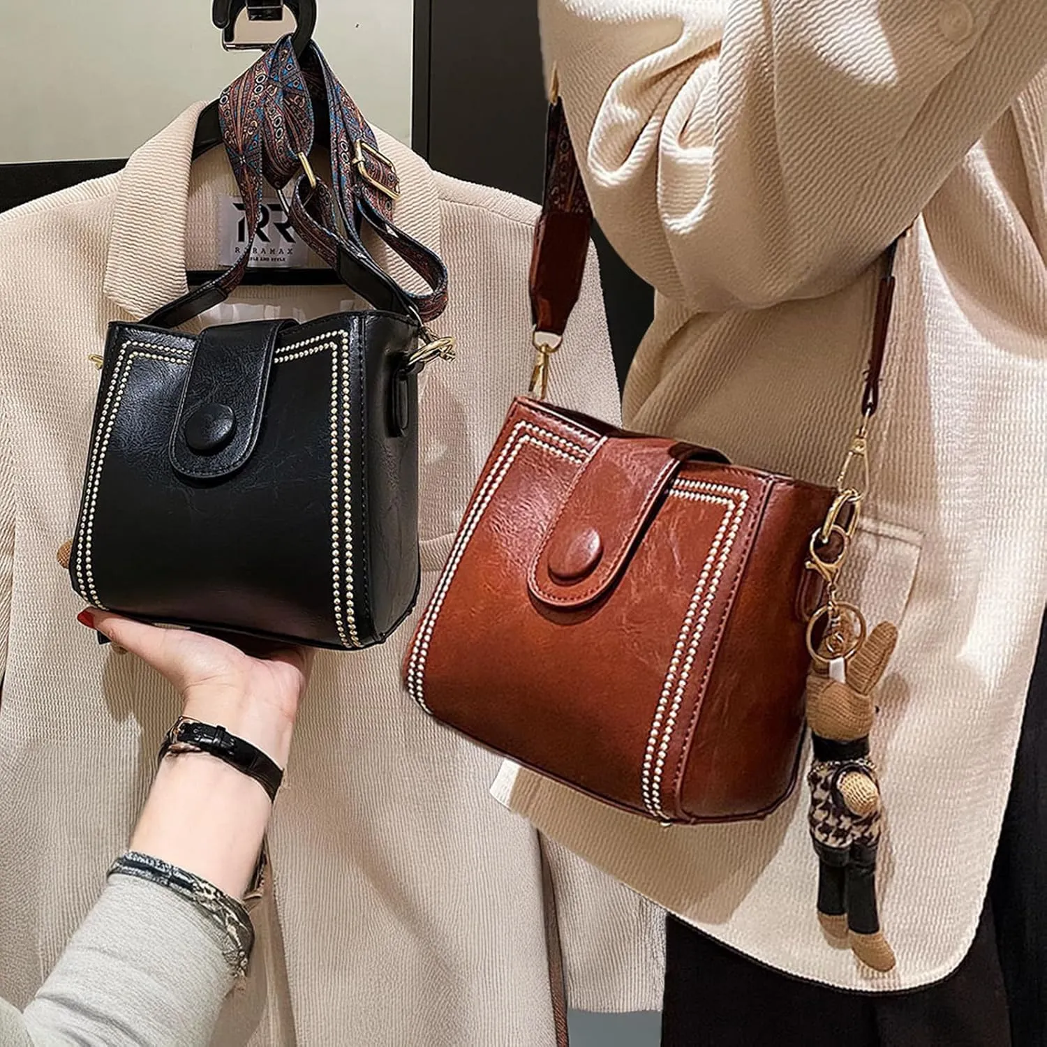 Bootara Bucket Bag,Vintage Fashion Bucket Bag for WomenAdjustable Wide Shoulder Strap,With Cute Rabbit Pendant