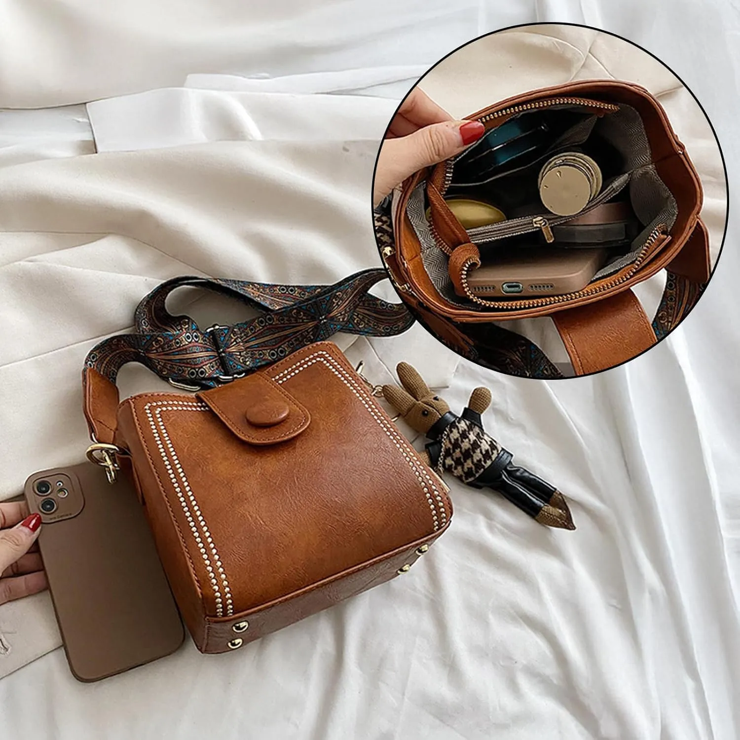 Bootara Bucket Bag,Vintage Fashion Bucket Bag for WomenAdjustable Wide Shoulder Strap,With Cute Rabbit Pendant