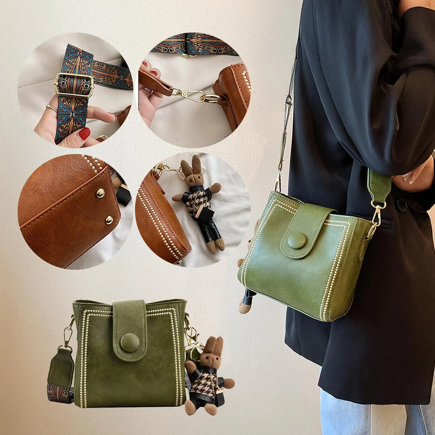 Bootara Bucket Bag,Vintage Fashion Bucket Bag for WomenAdjustable Wide Shoulder Strap,With Cute Rabbit Pendant