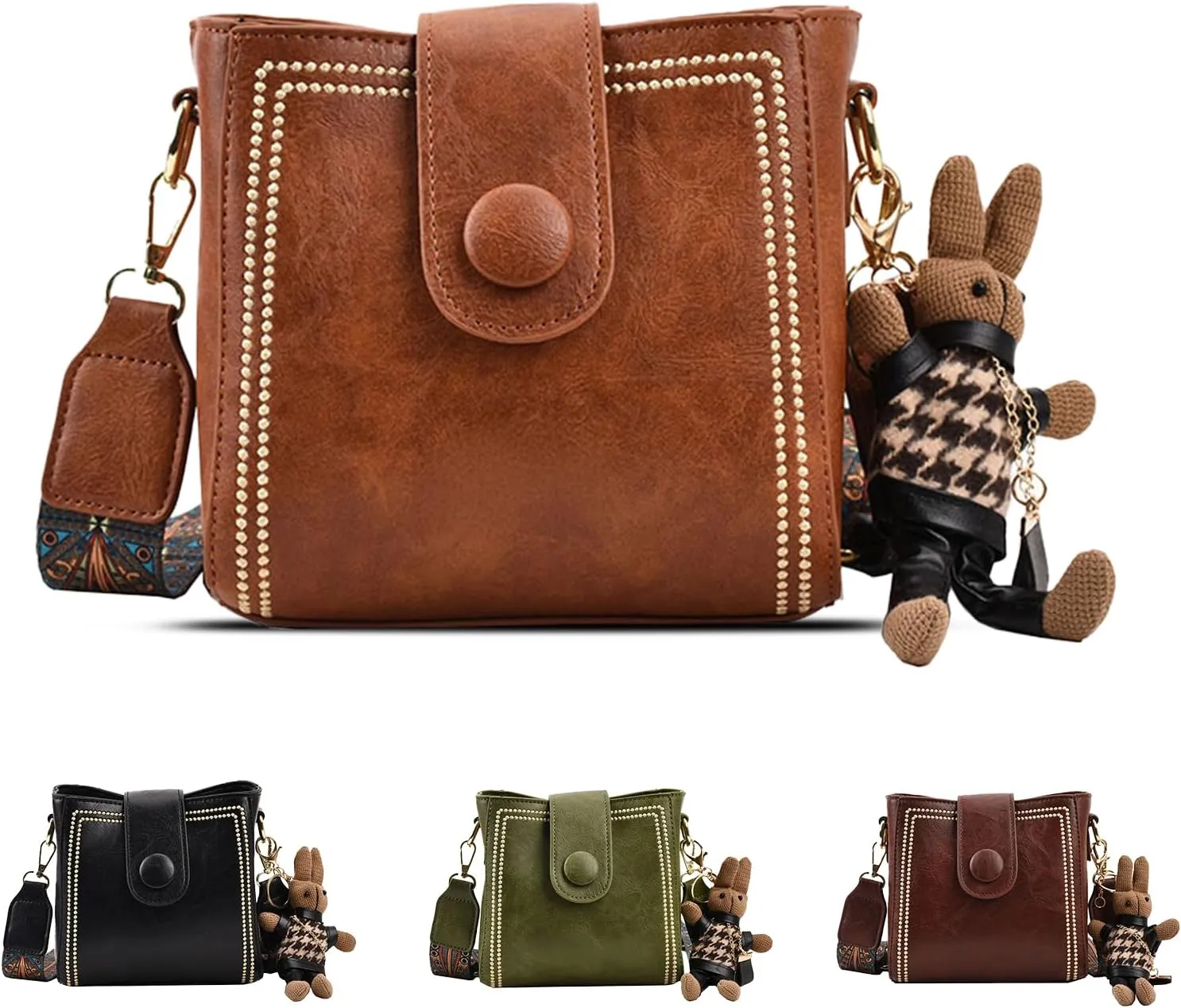 Bootara Bucket Bag,Vintage Fashion Bucket Bag for WomenAdjustable Wide Shoulder Strap,With Cute Rabbit Pendant