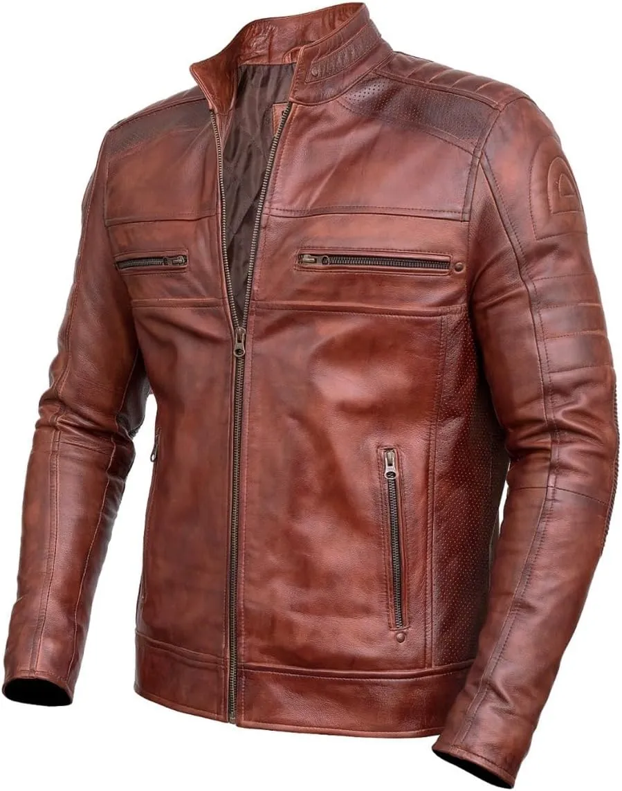Brown Leather Jacket Mens - Cafe Racer Real Lambskin Leather Distressed Motorcycle Jacket