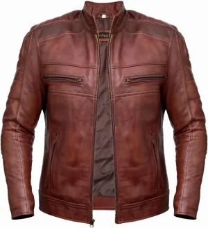 Brown Leather Jacket Mens - Cafe Racer Real Lambskin Leather Distressed Motorcycle Jacket