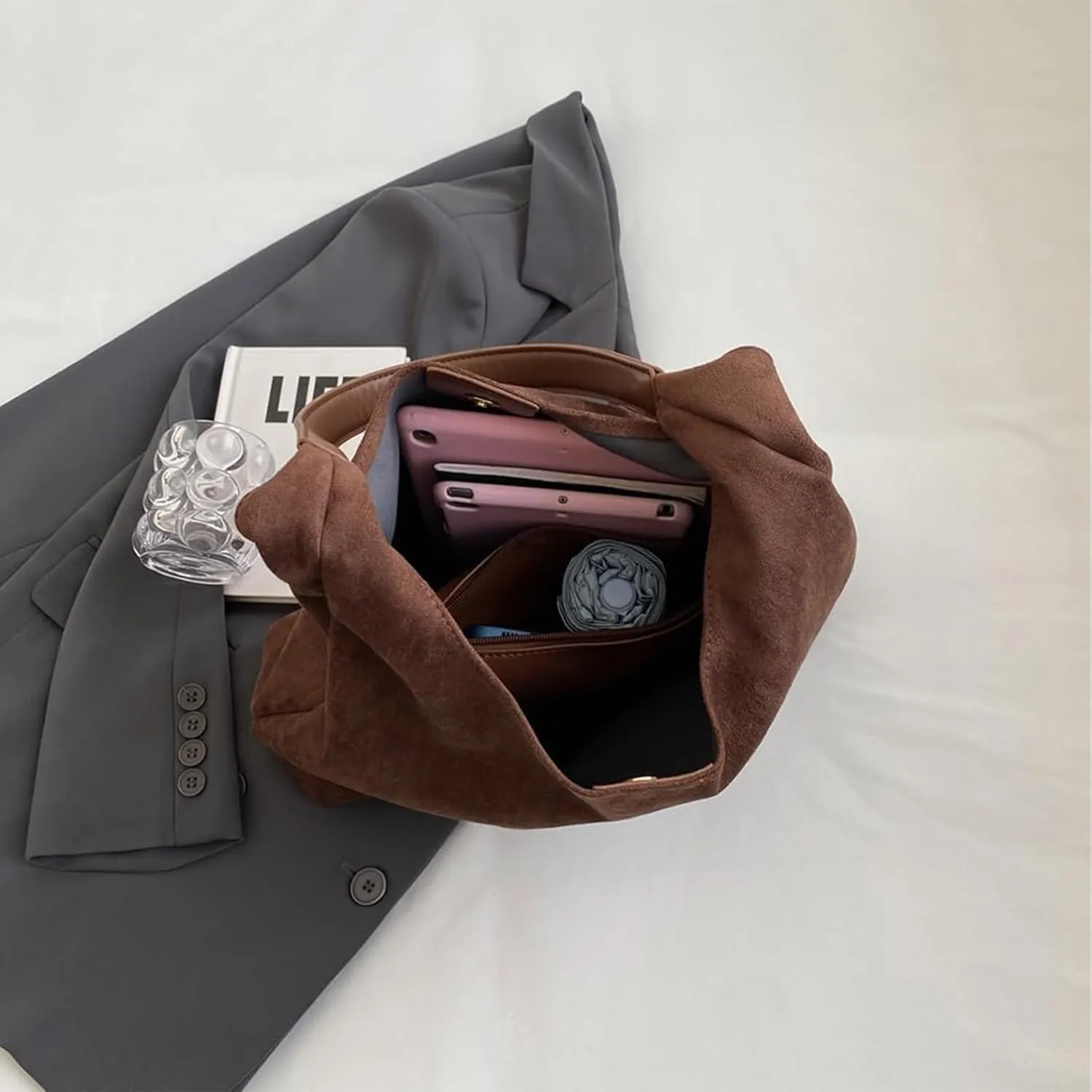 Brown Suede Bag Suede Tote Bag for Women Suede Hobo Bag Brown Suede Purse Brown Suede Handbag(Coffee)