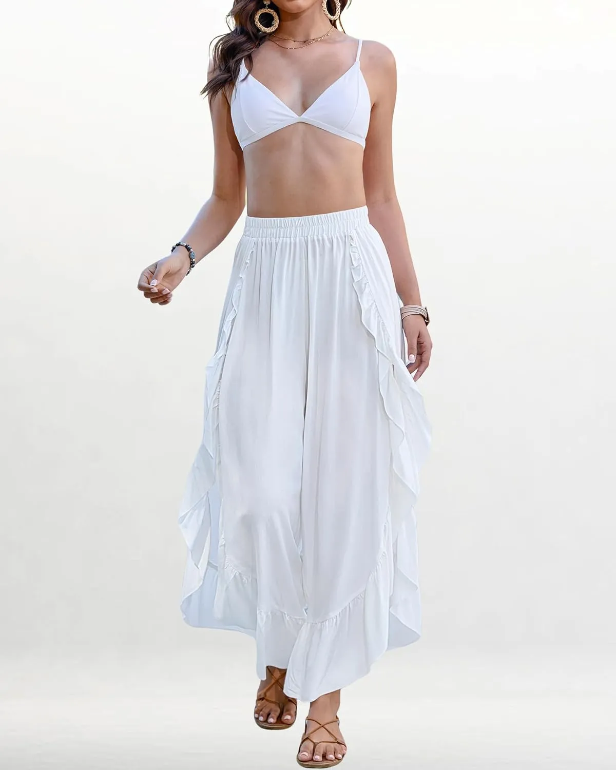 Bsubseach Swim Cover Up Pants for Women Ruffle High Slit Beach Pants Wide Leg Bathing Suit Coverup