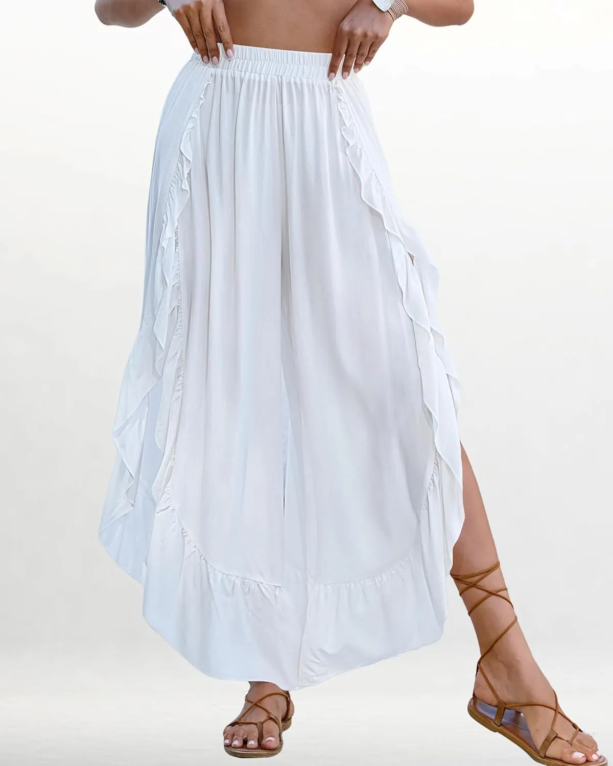 Bsubseach Swim Cover Up Pants for Women Ruffle High Slit Beach Pants Wide Leg Bathing Suit Coverup