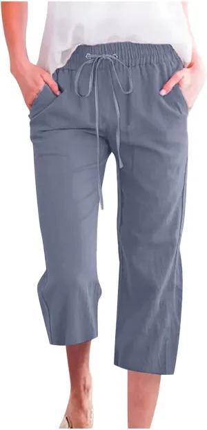Capri Pants for Women Casual Summer Cotton Linen Pants Plus Size Drawstring Elastic High Waisted Capris with Pockets