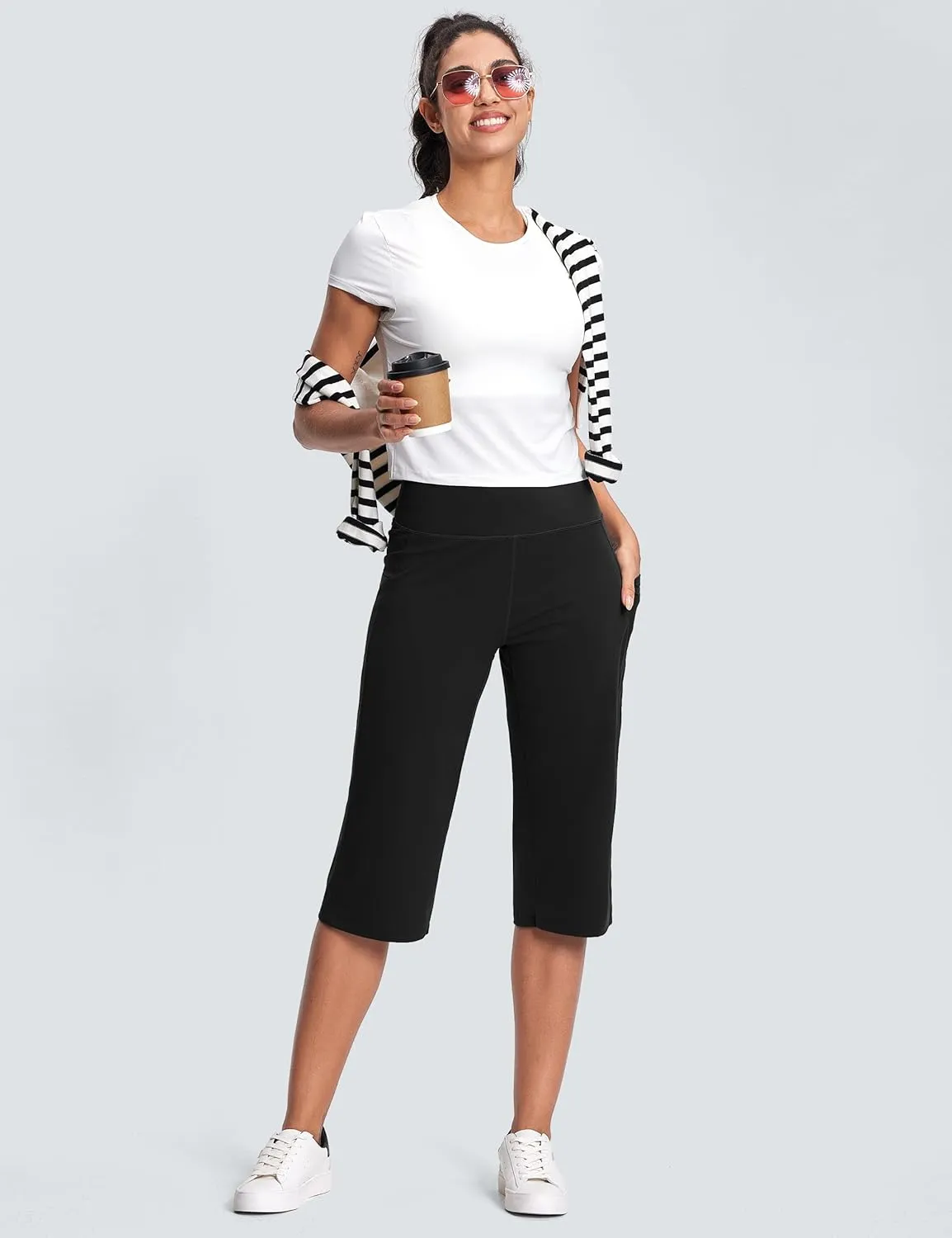 Capri Pants for Women High Waist with Pockets Tummy Control Capri Workout Yoga Pants Loose Straight Leg