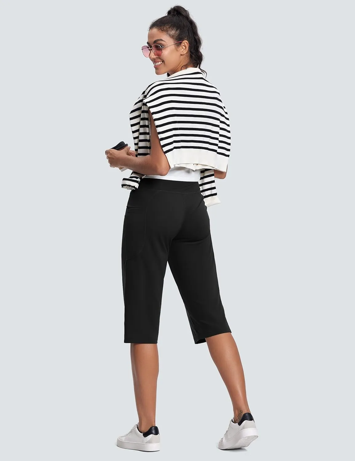 Capri Pants for Women High Waist with Pockets Tummy Control Capri Workout Yoga Pants Loose Straight Leg