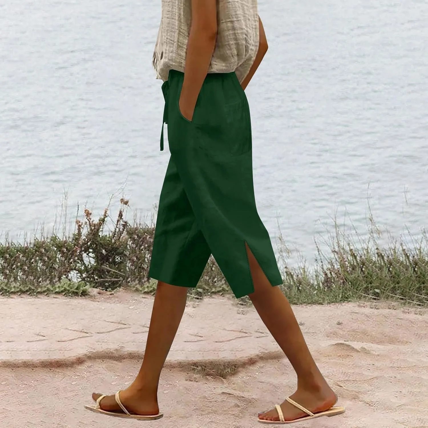 Capris Linen Pants for Women 2025 Summer Wide Leg Causal Beach Shorts Elastic High Waist Linen Trousers with Pockets
