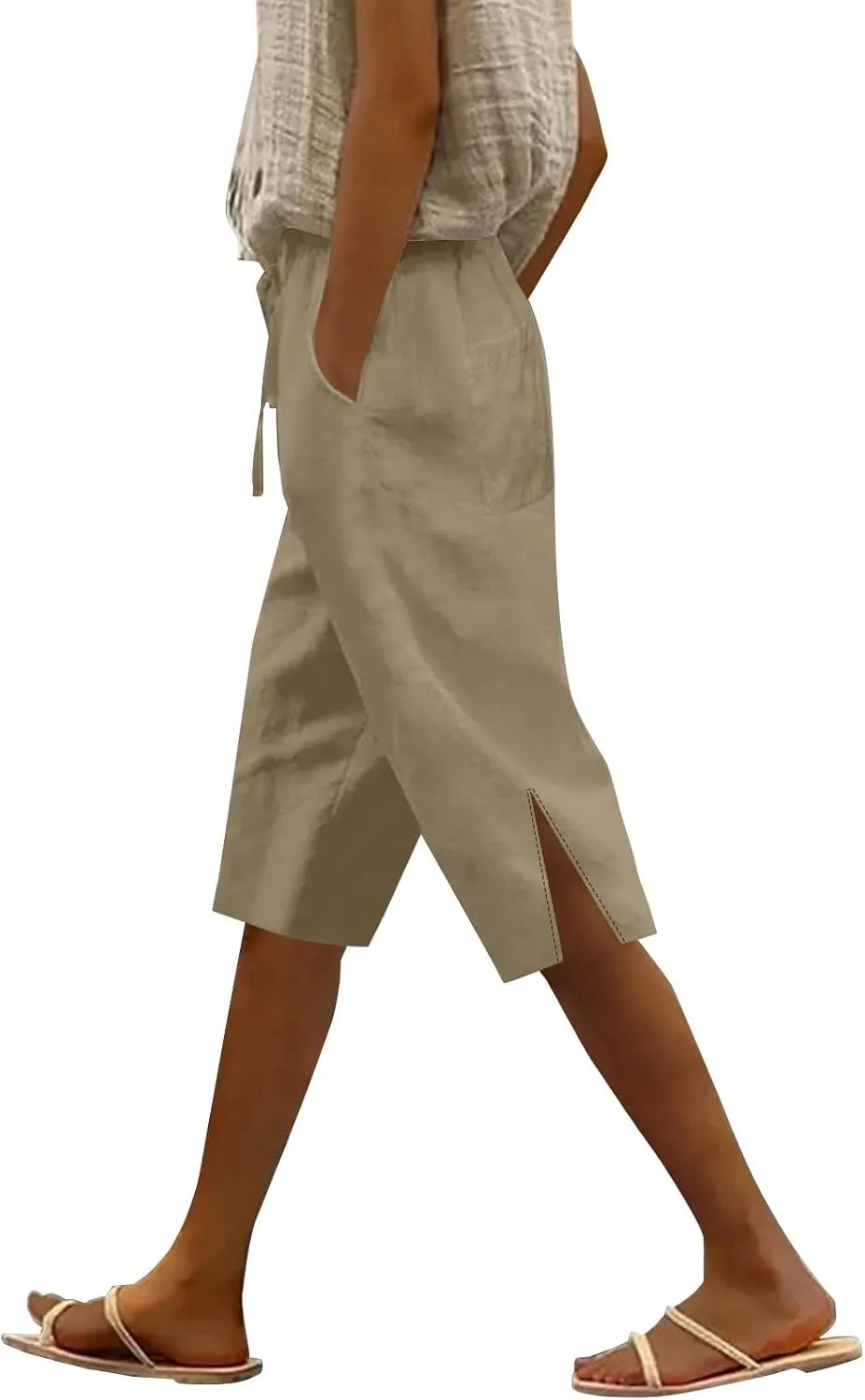 Capris Linen Pants for Women 2025 Summer Wide Leg Causal Beach Shorts Elastic High Waist Linen Trousers with Pockets