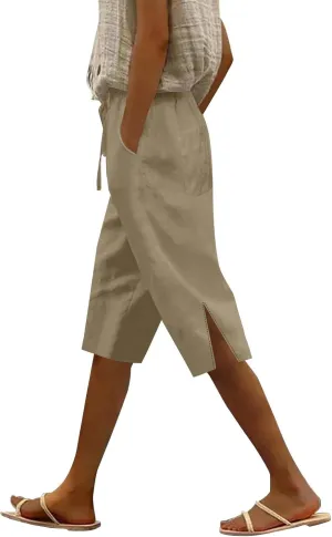 Capris Linen Pants for Women 2025 Summer Wide Leg Causal Beach Shorts Elastic High Waist Linen Trousers with Pockets