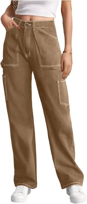 Cargo Pants Women High Waisted Wide Leg Casual Pants Baggy Stretchy Trousers Y2K Streetwear with 6 Pockets