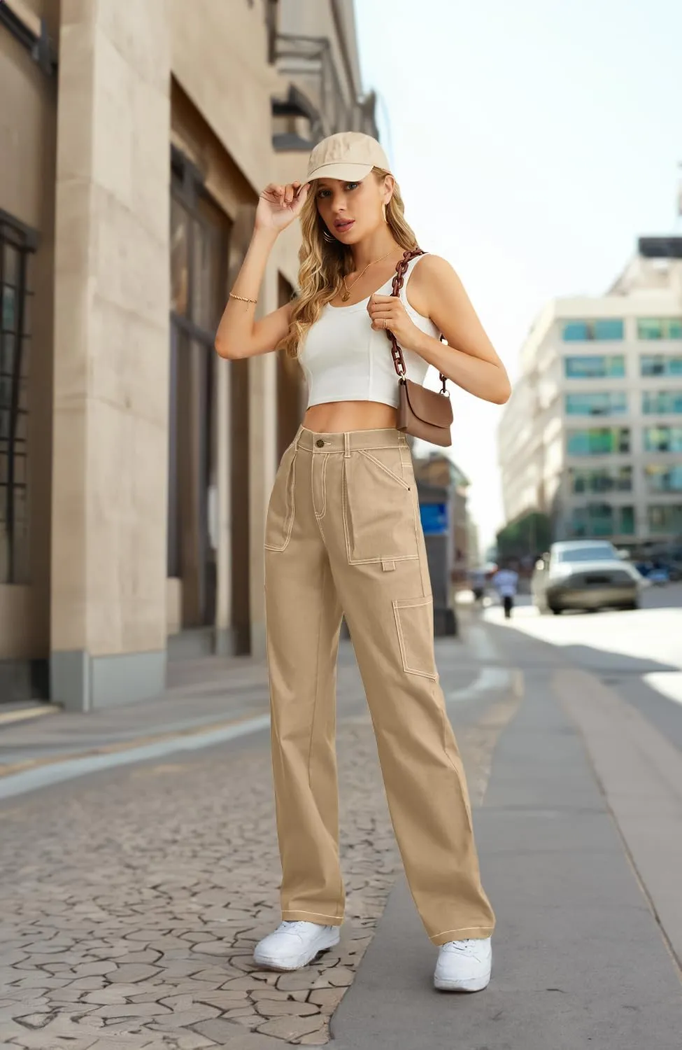Cargo Pants Women High Waisted Wide Leg Casual Pants Baggy Stretchy Trousers Y2K Streetwear with 6 Pockets