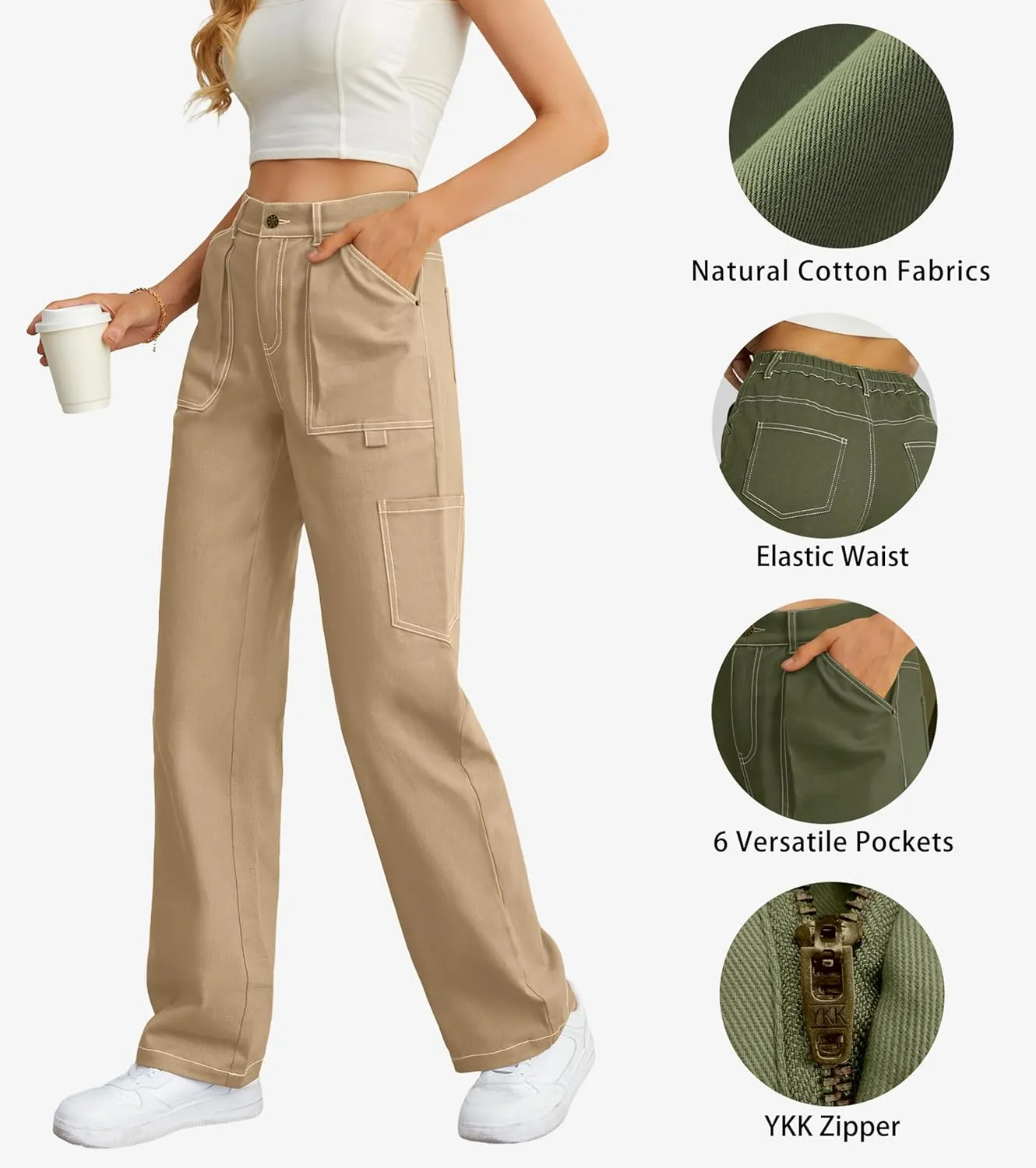 Cargo Pants Women High Waisted Wide Leg Casual Pants Baggy Stretchy Trousers Y2K Streetwear with 6 Pockets