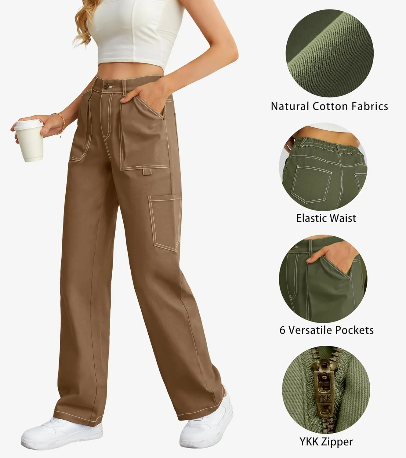 Cargo Pants Women High Waisted Wide Leg Casual Pants Baggy Stretchy Trousers Y2K Streetwear with 6 Pockets