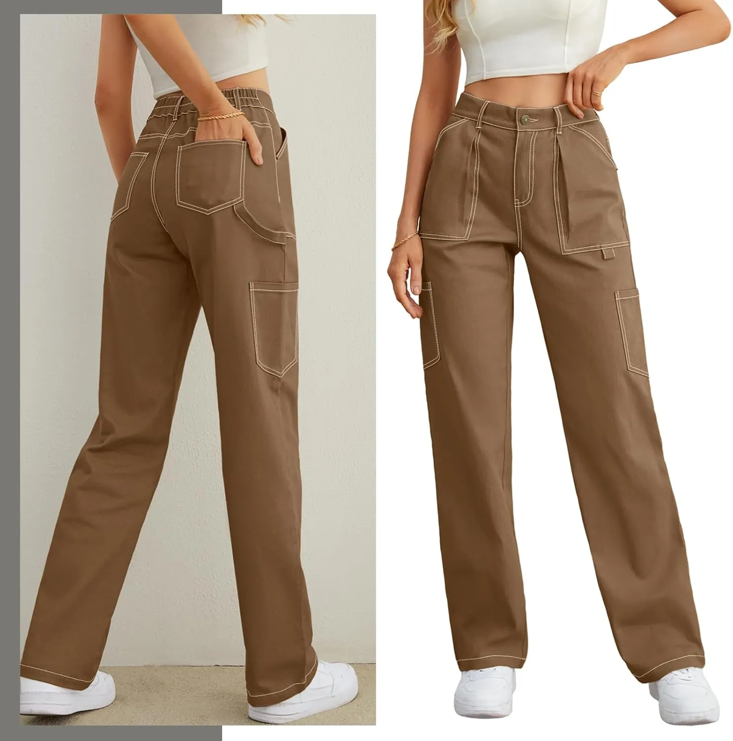Cargo Pants Women High Waisted Wide Leg Casual Pants Baggy Stretchy Trousers Y2K Streetwear with 6 Pockets