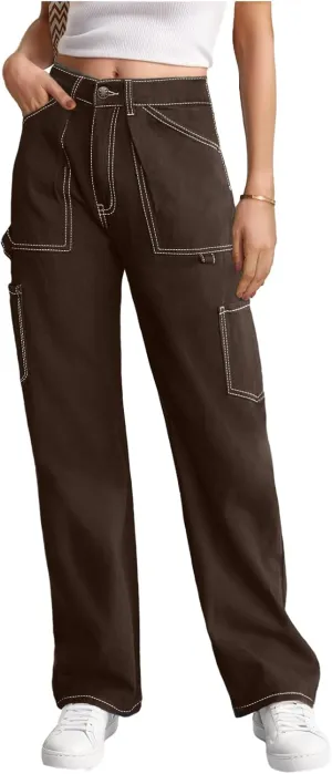 Cargo Pants Women High Waisted Wide Leg Casual Pants Baggy Stretchy Trousers Y2K Streetwear with 6 Pockets