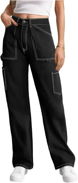 Cargo Pants Women High Waisted Wide Leg Casual Pants Baggy Stretchy Trousers Y2K Streetwear with 6 Pockets