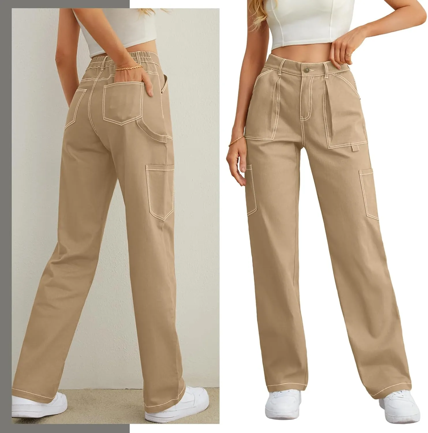 Cargo Pants Women High Waisted Wide Leg Casual Pants Baggy Stretchy Trousers Y2K Streetwear with 6 Pockets
