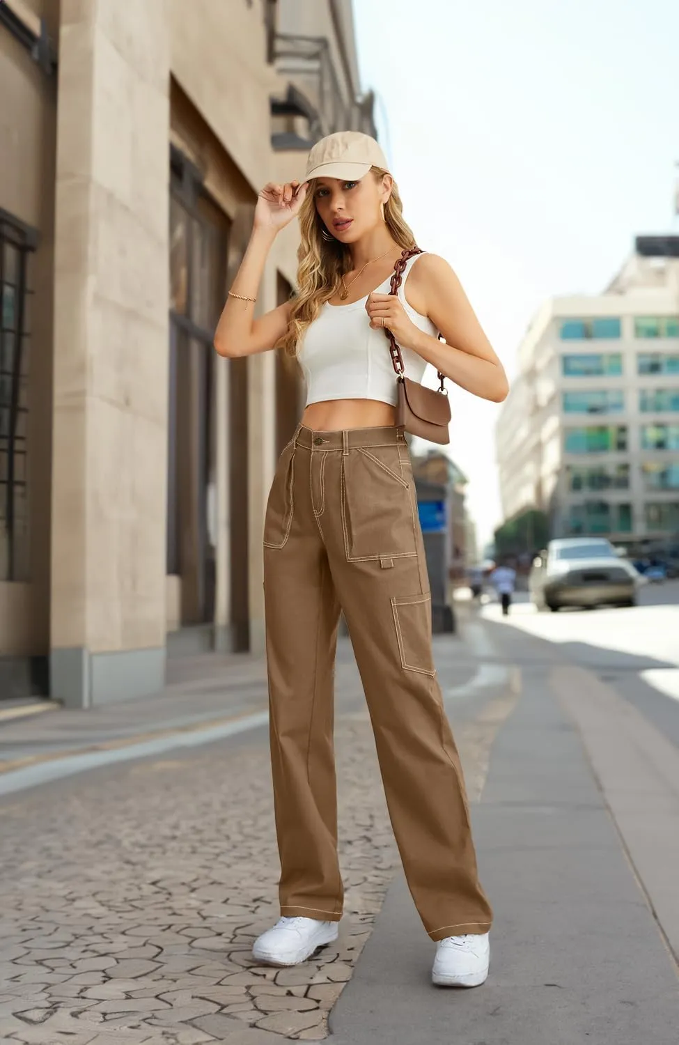 Cargo Pants Women High Waisted Wide Leg Casual Pants Baggy Stretchy Trousers Y2K Streetwear with 6 Pockets