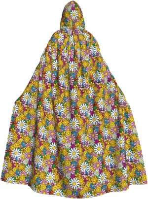 Cartoon cute flowers print Hooded cape for adults, Oversized Hooded Cloak with Bow Tie, Adult party dress cape