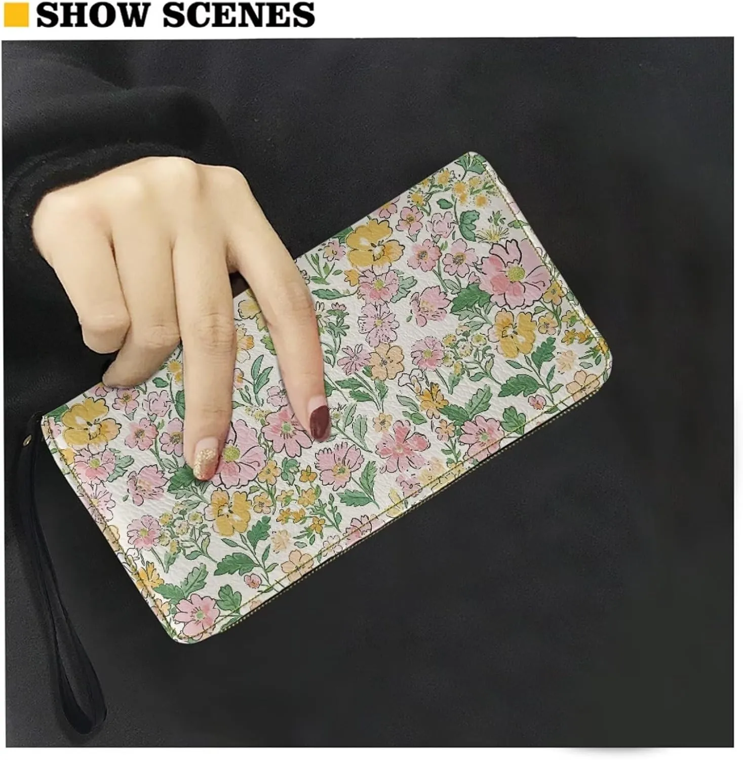 Cartoon Flowers Print Women's Zip Around Wallet Wristlet PU Leather Waterproof Durable Clutch Wallet Large Credit Card Holder Travel Business Dating Coin,Cash Pocket