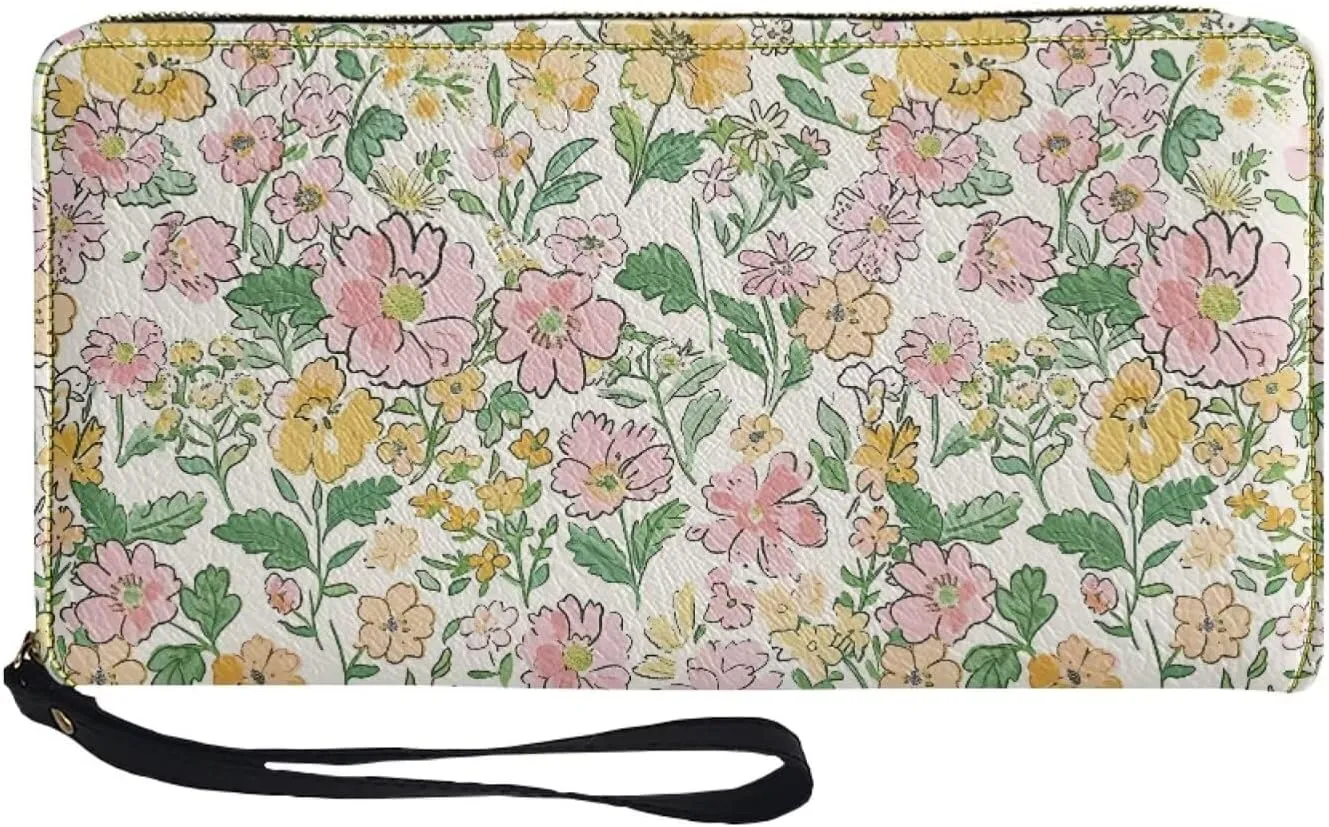 Cartoon Flowers Print Women's Zip Around Wallet Wristlet PU Leather Waterproof Durable Clutch Wallet Large Credit Card Holder Travel Business Dating Coin,Cash Pocket