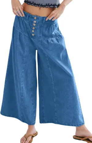 CHARTOU Women Flare Wide Leg Jeans Baggy Cropped Mid Rise Jeans Pleated Ruffle Denim Pants with Pockets