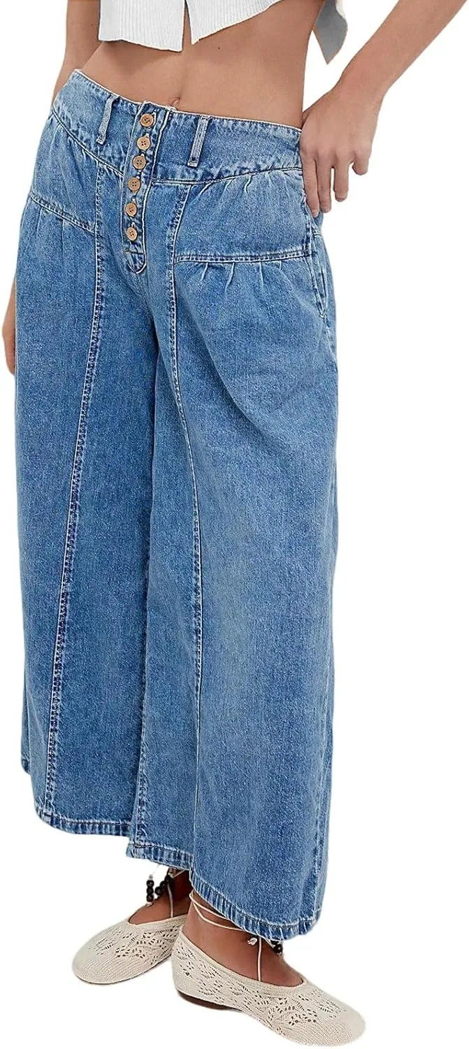 CHARTOU Women Flare Wide Leg Jeans Baggy Cropped Mid Rise Jeans Pleated Ruffle Denim Pants with Pockets
