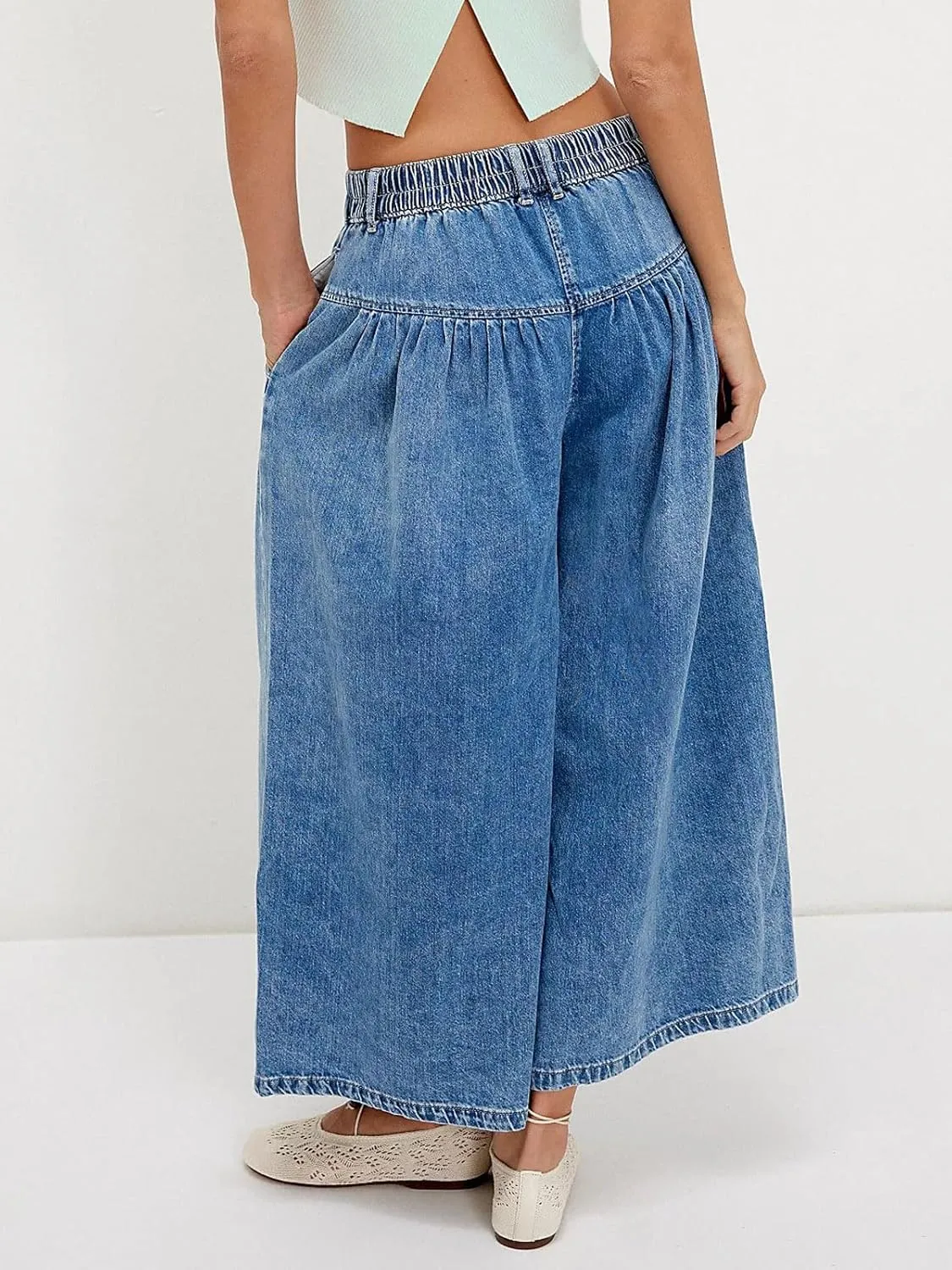 CHARTOU Women Flare Wide Leg Jeans Baggy Cropped Mid Rise Jeans Pleated Ruffle Denim Pants with Pockets