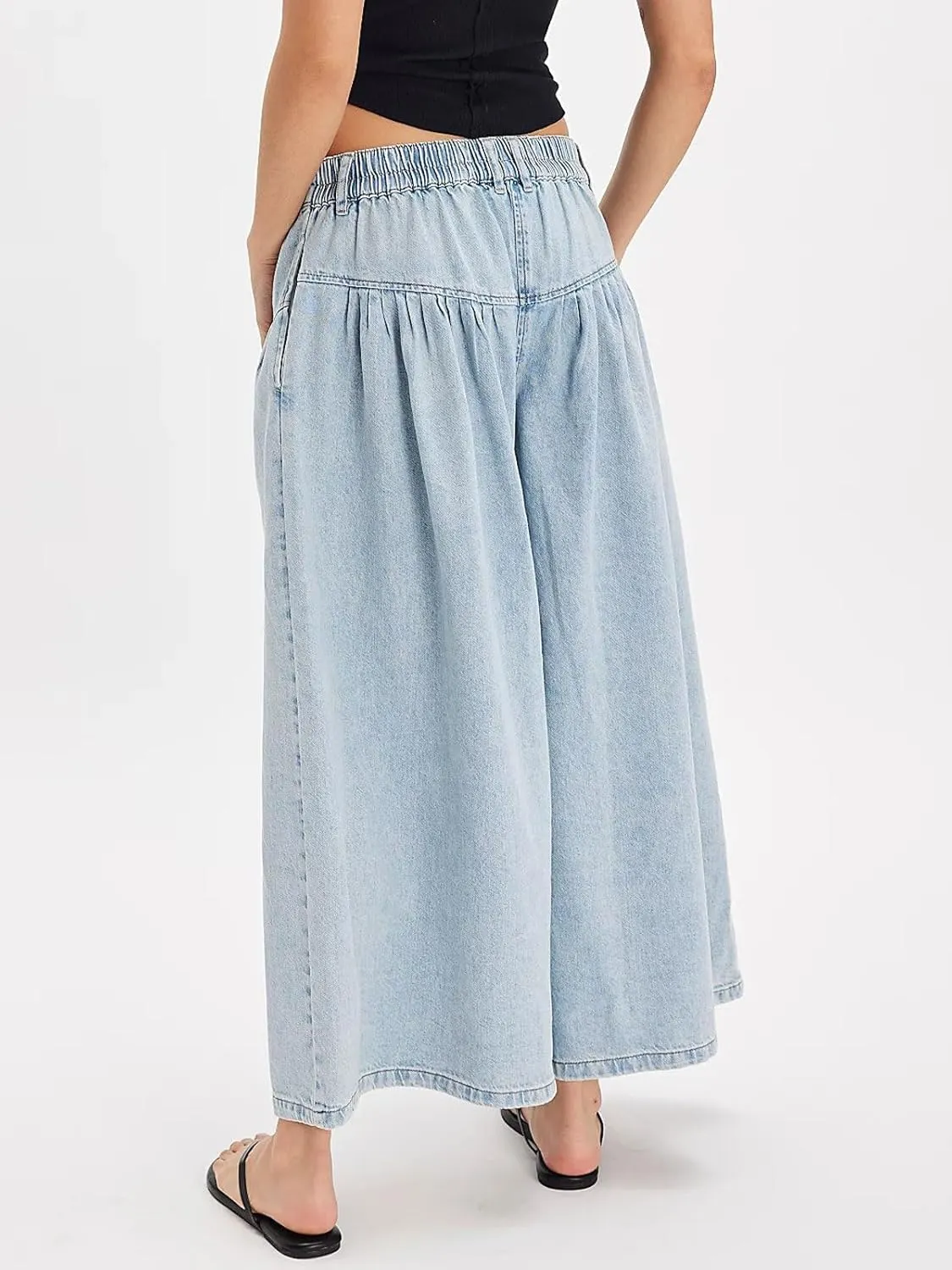 CHARTOU Women Flare Wide Leg Jeans Baggy Cropped Mid Rise Jeans Pleated Ruffle Denim Pants with Pockets