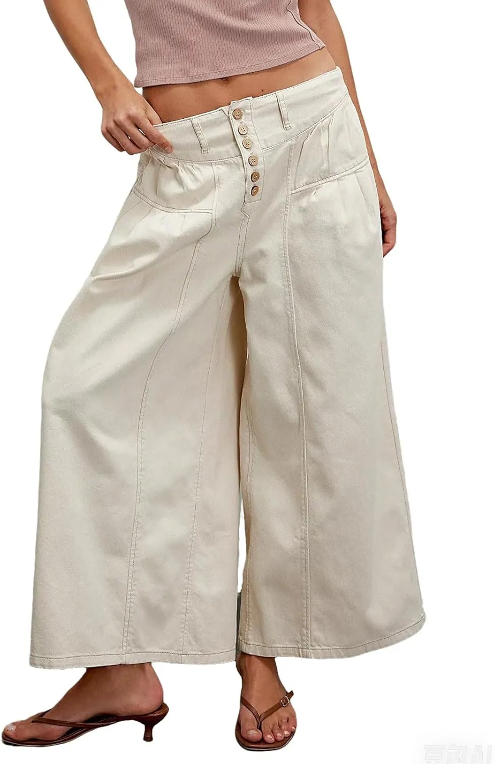 CHARTOU Women Flare Wide Leg Jeans Baggy Cropped Mid Rise Jeans Pleated Ruffle Denim Pants with Pockets