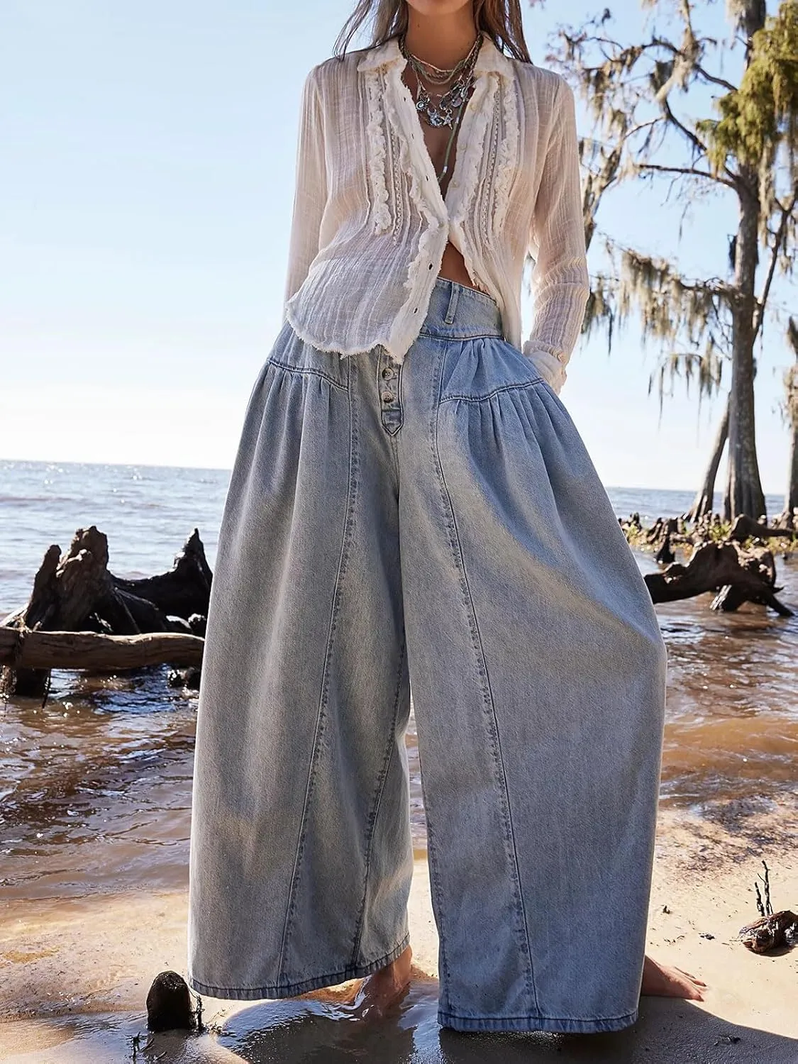 CHARTOU Women Flare Wide Leg Jeans Baggy Cropped Mid Rise Jeans Pleated Ruffle Denim Pants with Pockets