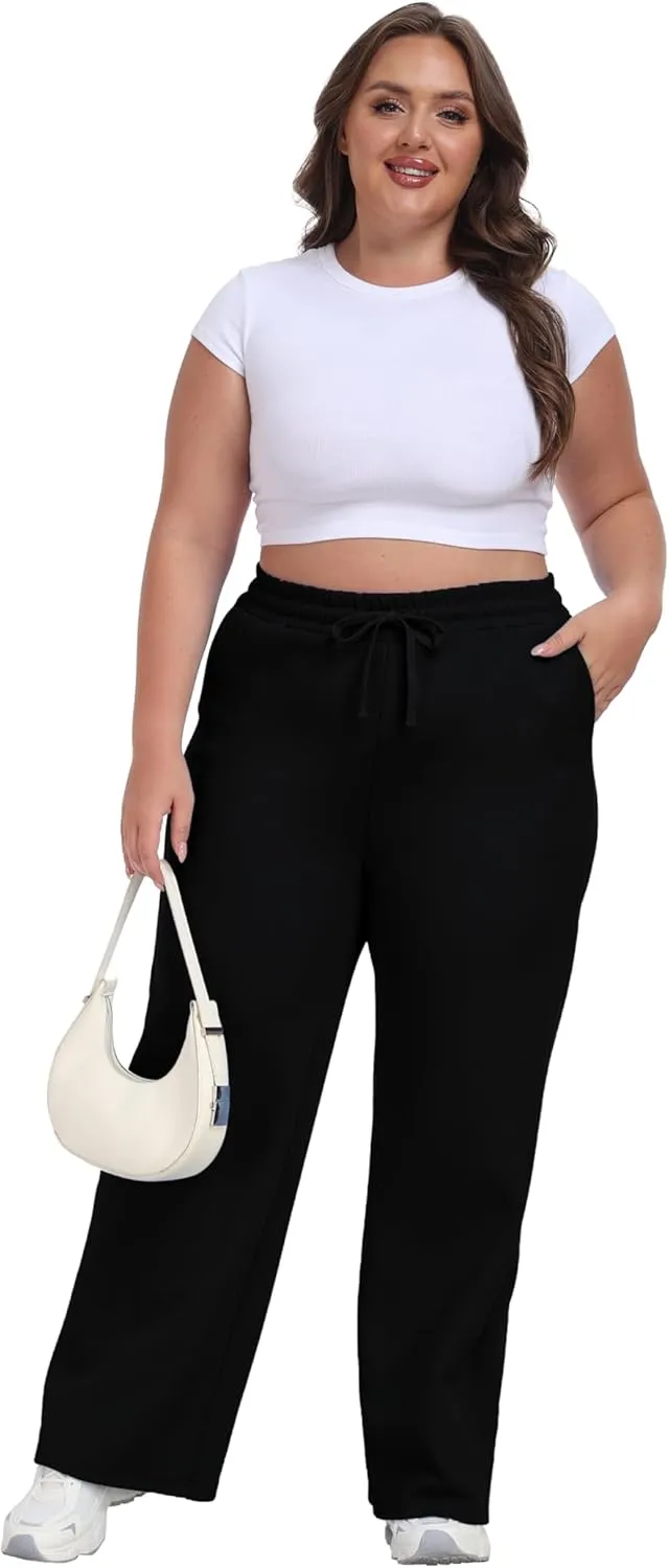 Cheapestbuy Women's Plus Size Wide Leg Sweatpants Stretchy Baggy Sweat Pants Loose Active Pants with Pockets