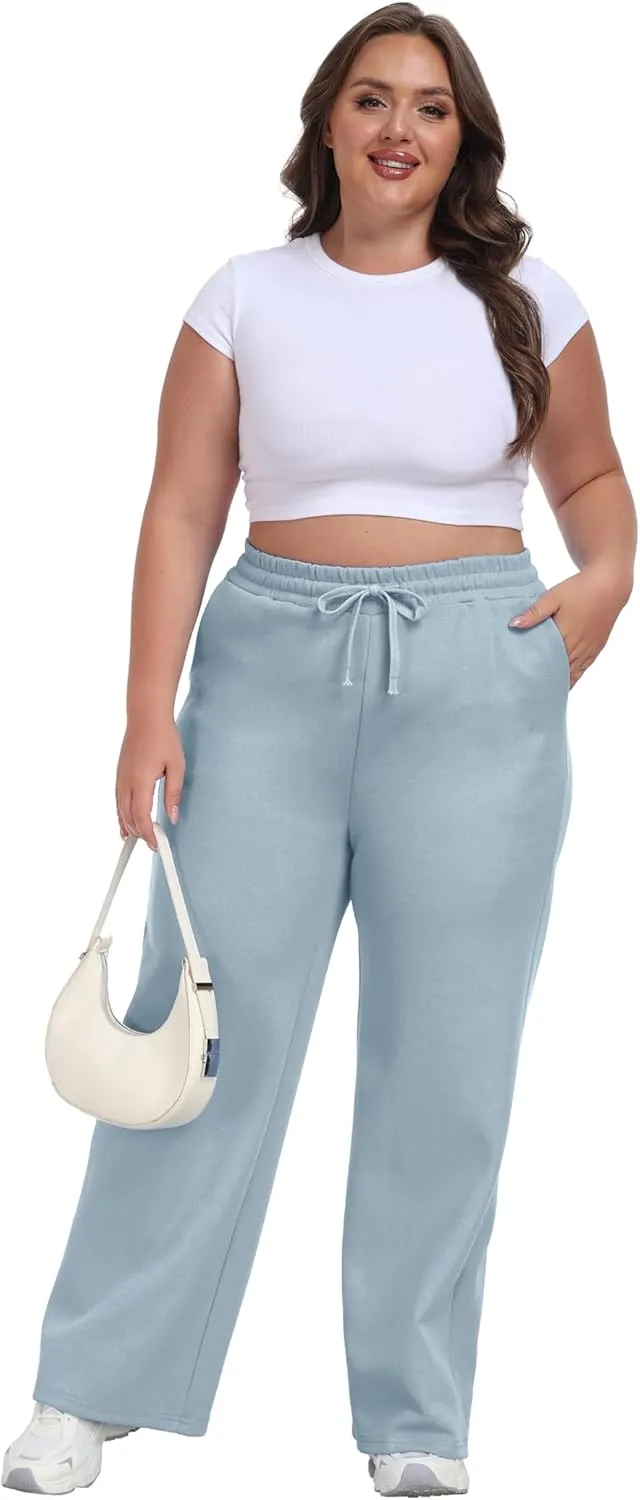 Cheapestbuy Women's Plus Size Wide Leg Sweatpants Stretchy Baggy Sweat Pants Loose Active Pants with Pockets