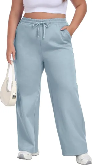 Cheapestbuy Women's Plus Size Wide Leg Sweatpants Stretchy Baggy Sweat Pants Loose Active Pants with Pockets