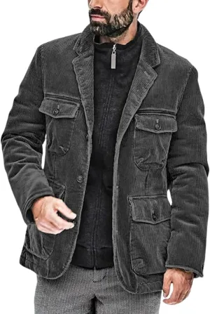 chouyatou Men's Vintage Corduroy Notched Lapel Button Down Business Blazer Jacket Sport Coat