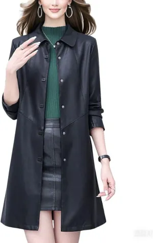 chouyatou Women's Elegant Collared Single Breasted Pu Faux Leather Jacket Trench Coat with Pockets